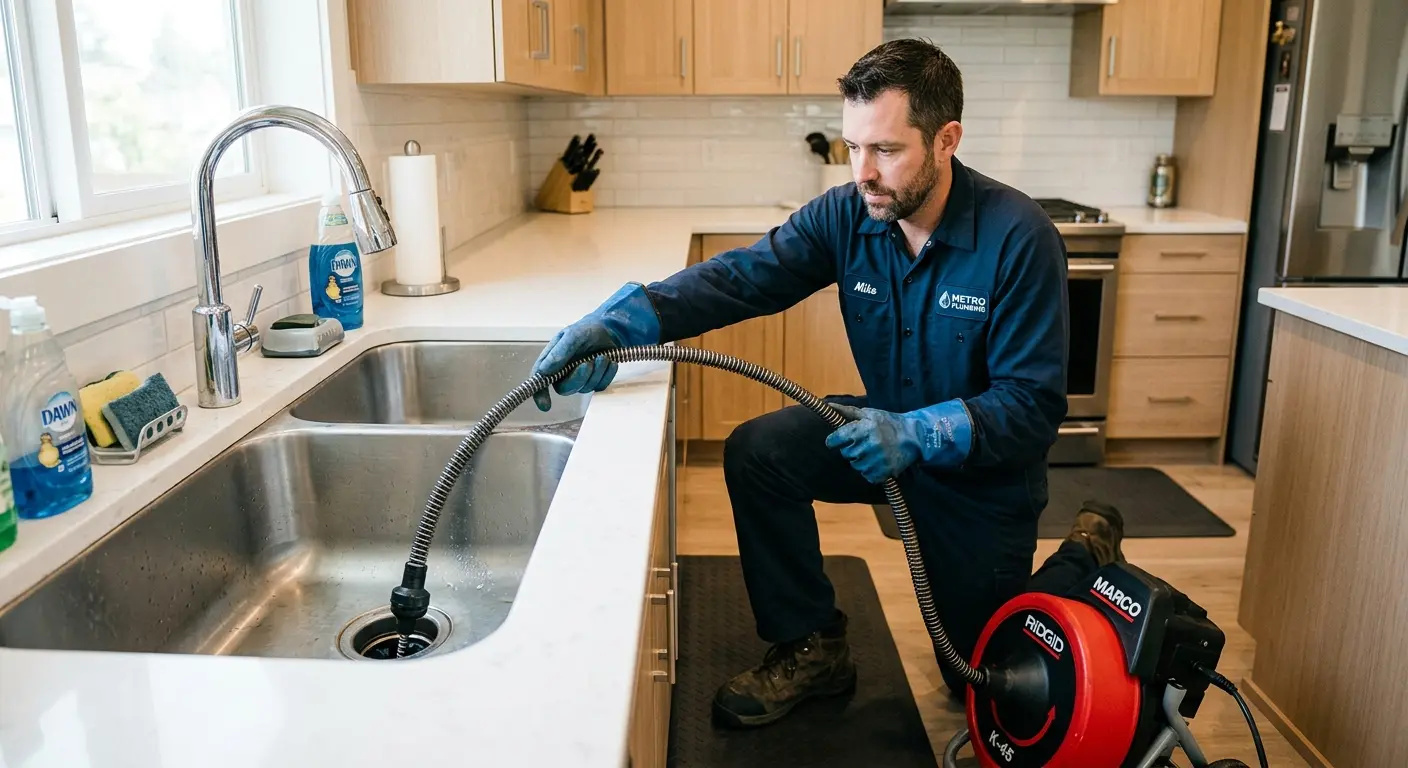 Drain cleaning technician using a motorized snake on a kitchen sink in Kermit
