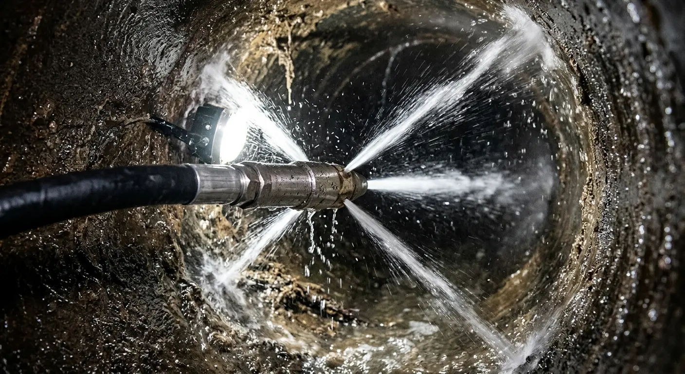 High-pressure hydro jetting nozzle cleaning sewer pipe for Sewer Cleanout in Kermit
