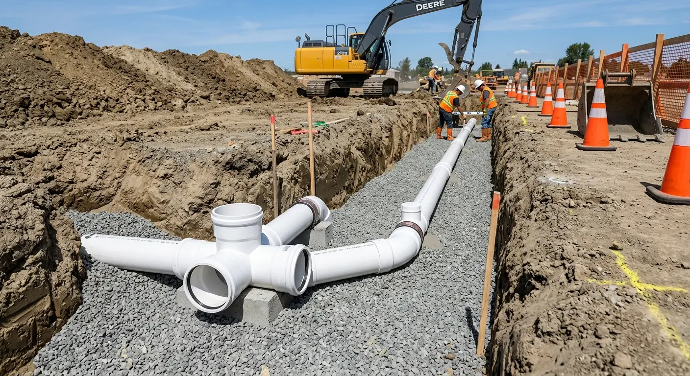 New PVC sewer pipe installation in open trench for Sewer Backup in Kermit