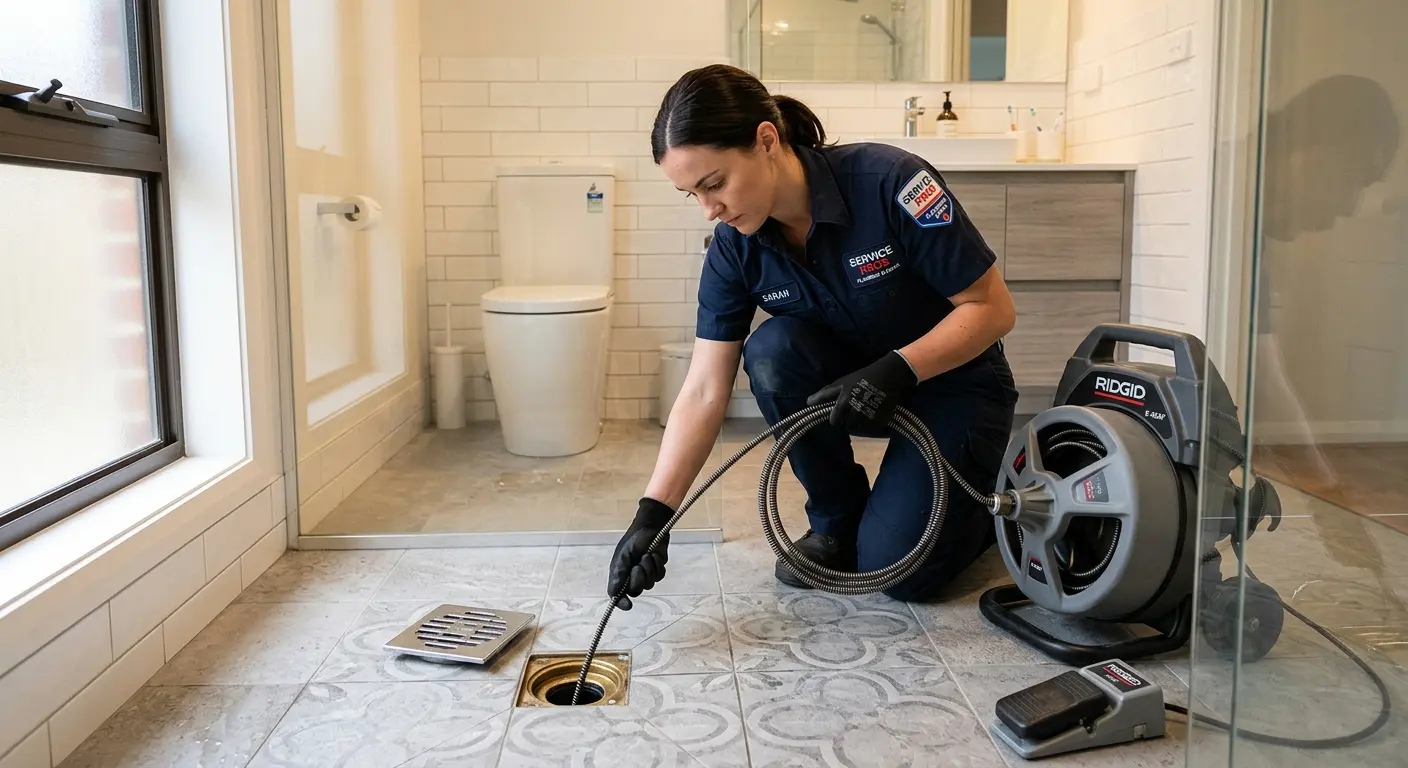 Technician clearing a bathroom floor drain for Hydro Jetting in Kermit